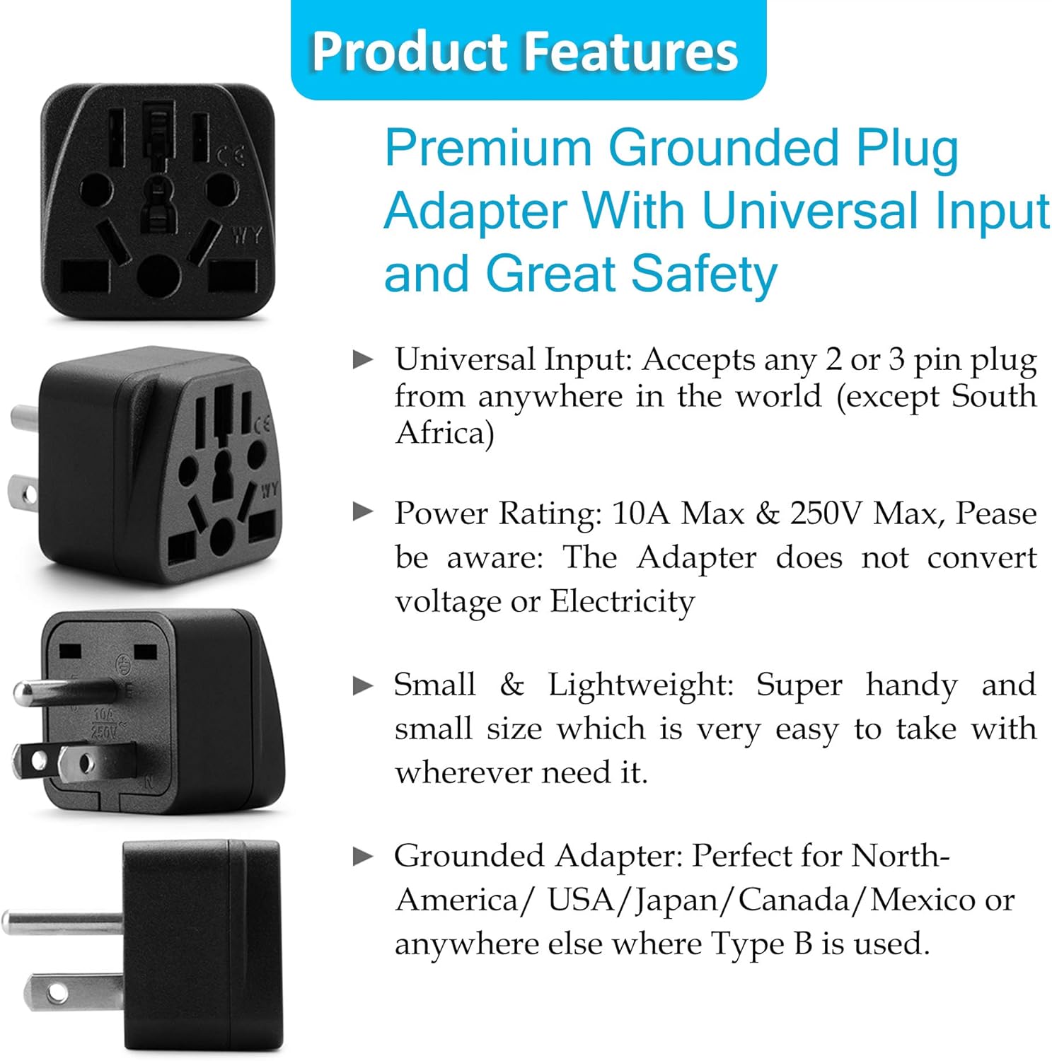 Unidapt US Travel Plug Adapter, EU,AU,UK,NZ,CN,in to USA (Type B), Grounded 3 Prong USA Wall Plug, EU to US Travel Adaptor and Converter, Power Outlet Charger (1-Pack) - Image 4
